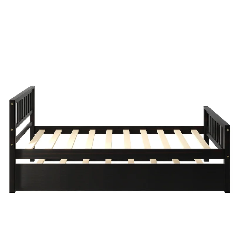 Espresso Twin Bed with Trundle Platform Bed Frame Headboard Footboard