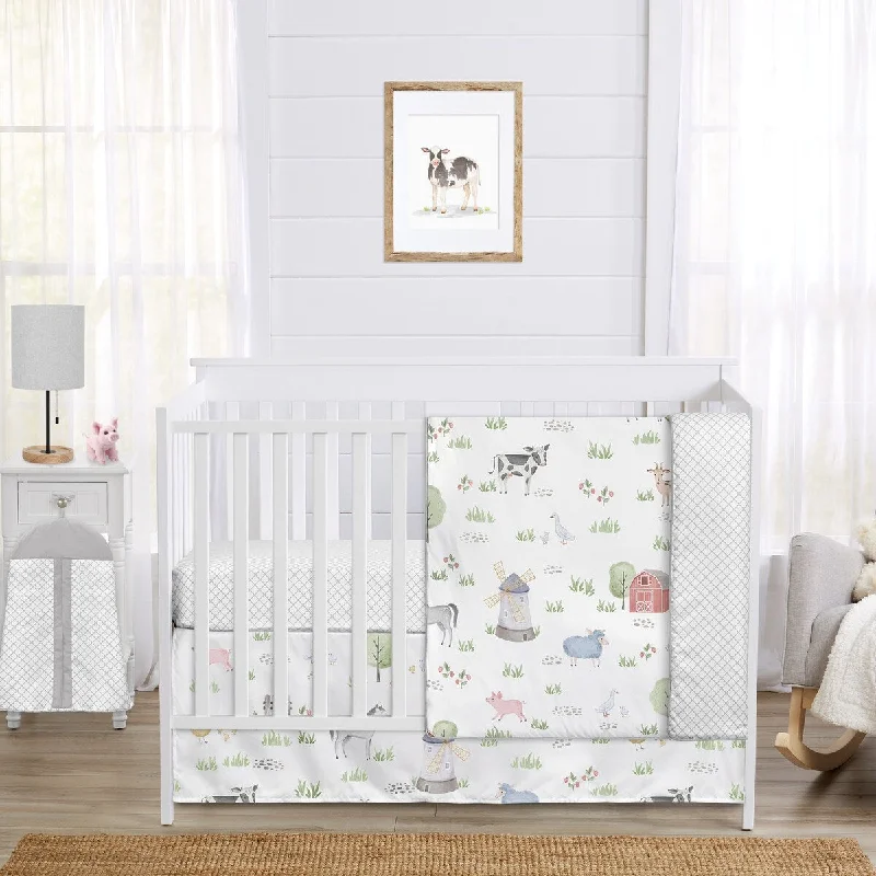 Farm Animals Collection Boy or Girl 4-piece Nursery Crib Bedding Set - Watercolor Farmhouse Lattice Horse Cow Sheep Pig