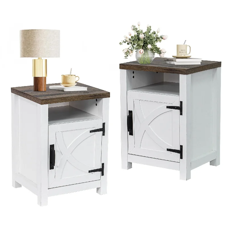 Farmhouse Barn Door Nightstand Bedside Table Set of 2 with Adjustable Shelves