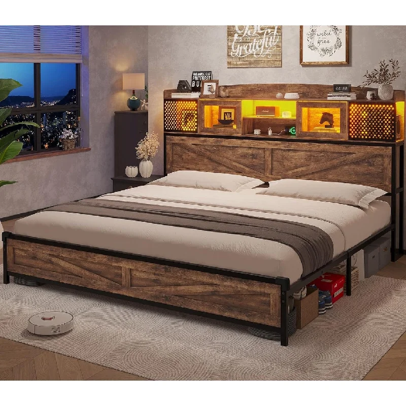 Farmhouse LED Bed Frame Storage Headboard Platform Bed