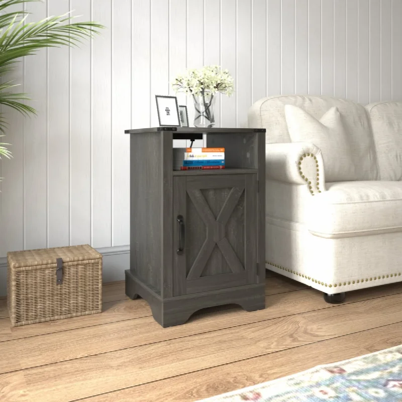 Farmhouse Nightstand Side Table, Wooden Rustic End Table,Tall Bedside Table with Electrical Outlets Charging Station - Dark Gray