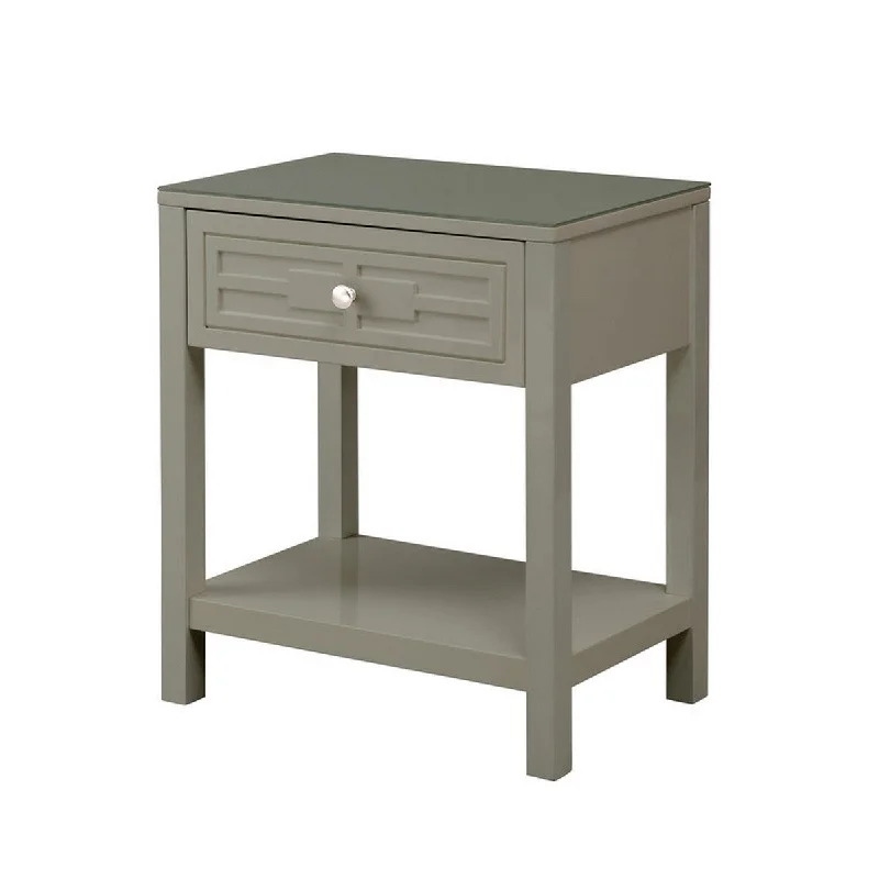 Fimo 27 Inch Nightstand with Drawer and Shelf, Glass Top, Modern Taupe Wood