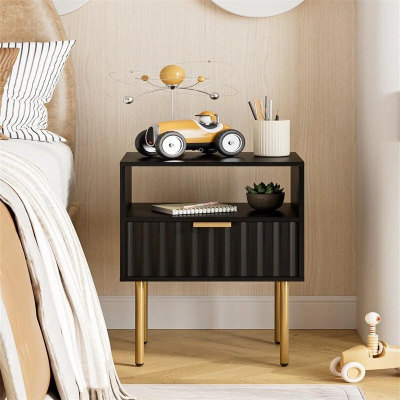 Fluted Bedside Table with Gold Frame Black fluted