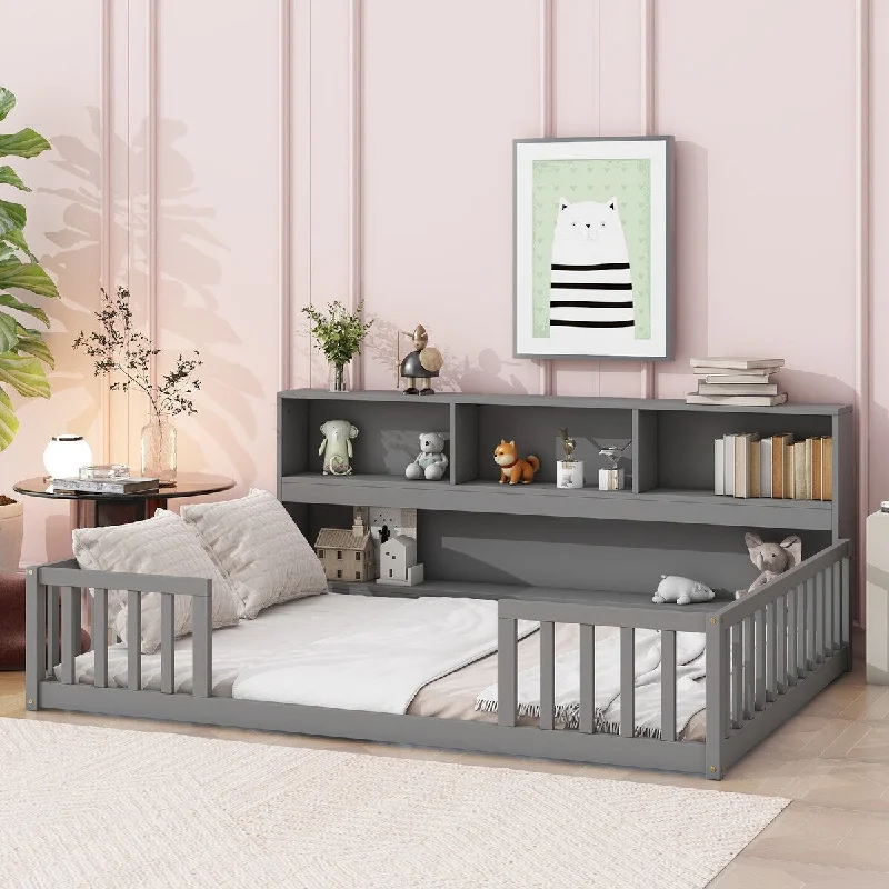 Full Floor Montessori Bed wBedside Bookcase,Shelves,Guardrails, Grey