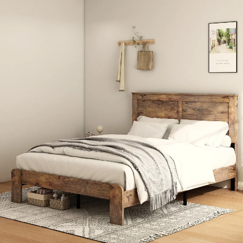 Full/Queen/King Size Bed Frame, Rustic Style Wooden Platform Bed Frame w/ Headboard & Sturdy Slats Support, No Box Spring Needed