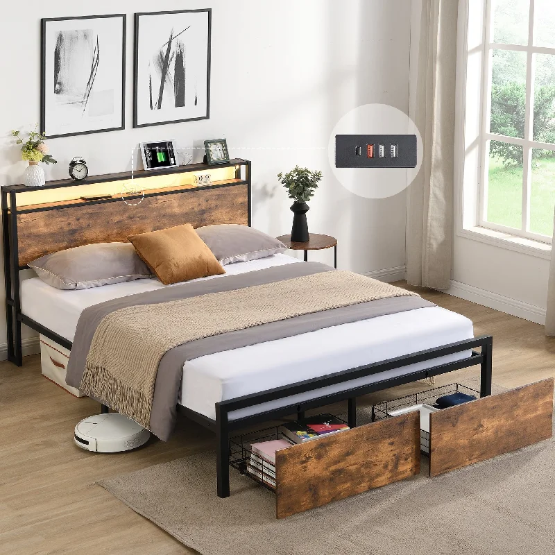 Full Size Bed Frame with Storage Headboard and 2 Drawers, LED Lights Bed with Charging Station