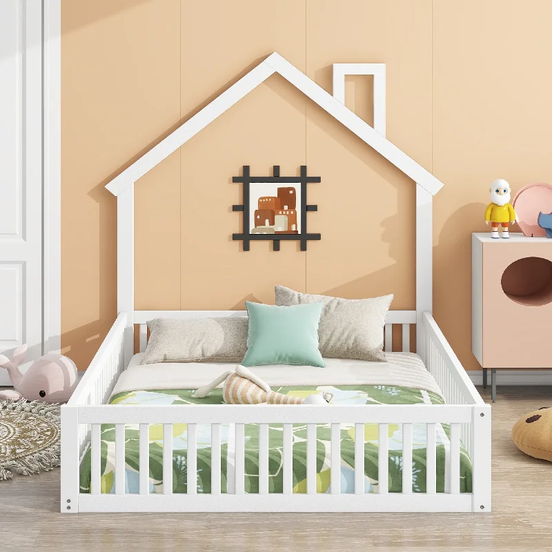 Full Size House-shaped Bed with Fence, Wooden Bed with Headboard, Platform Bed with Guardrail, White