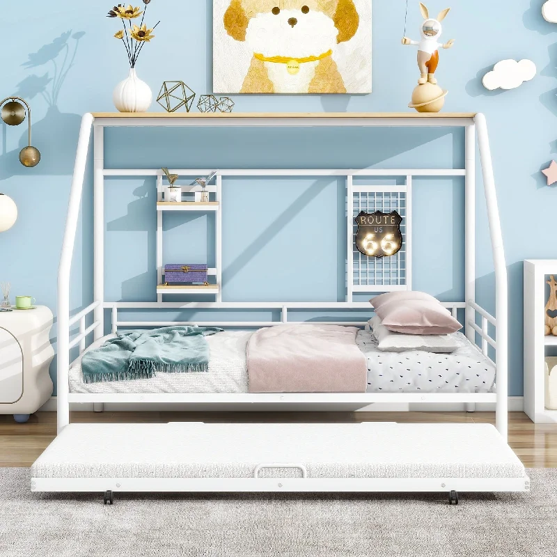 Full Size Metal House Bed Frame with Trundle Bed & 3 Shelves, White