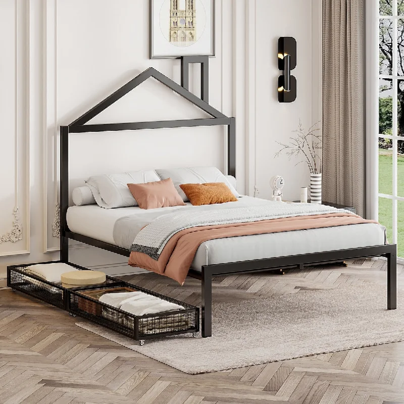 Full Size Metal Platform Bed with Two Drawers and House-Shaped Headboard Design