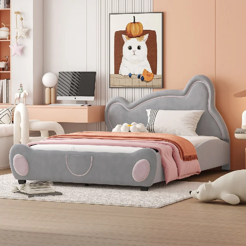 Full Size Platform Bed Velvet Frame Bed Gray Bear-shaped Headboard Animals Style Upholstered Bed with Bed-end Storage Pocket