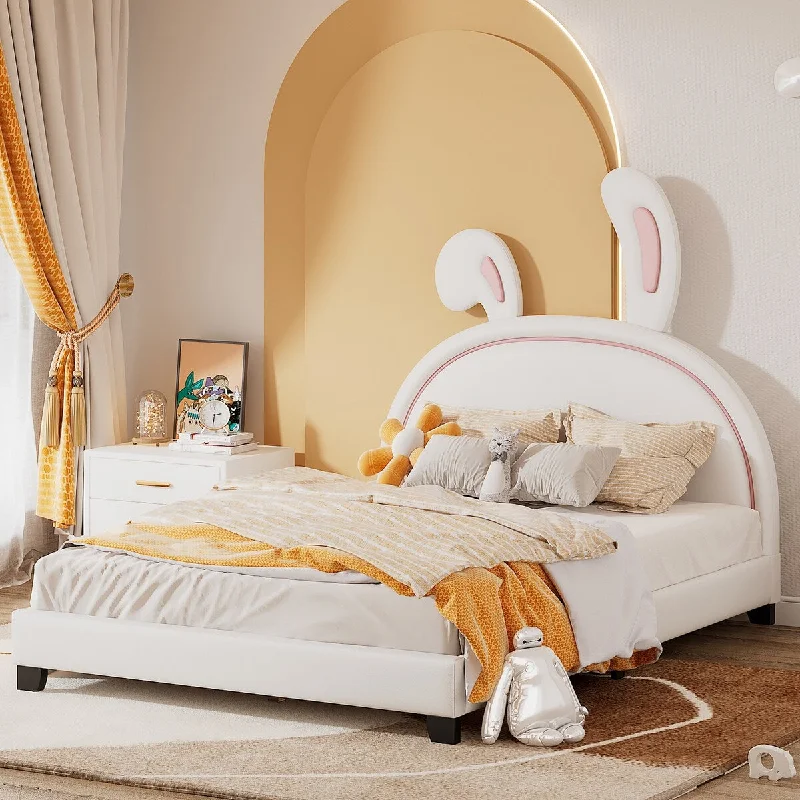 Full Size Upholstered Leather Platform Bed Frame with Rabbit Ornament Headboard and Slats Support for Kids, Teens - White