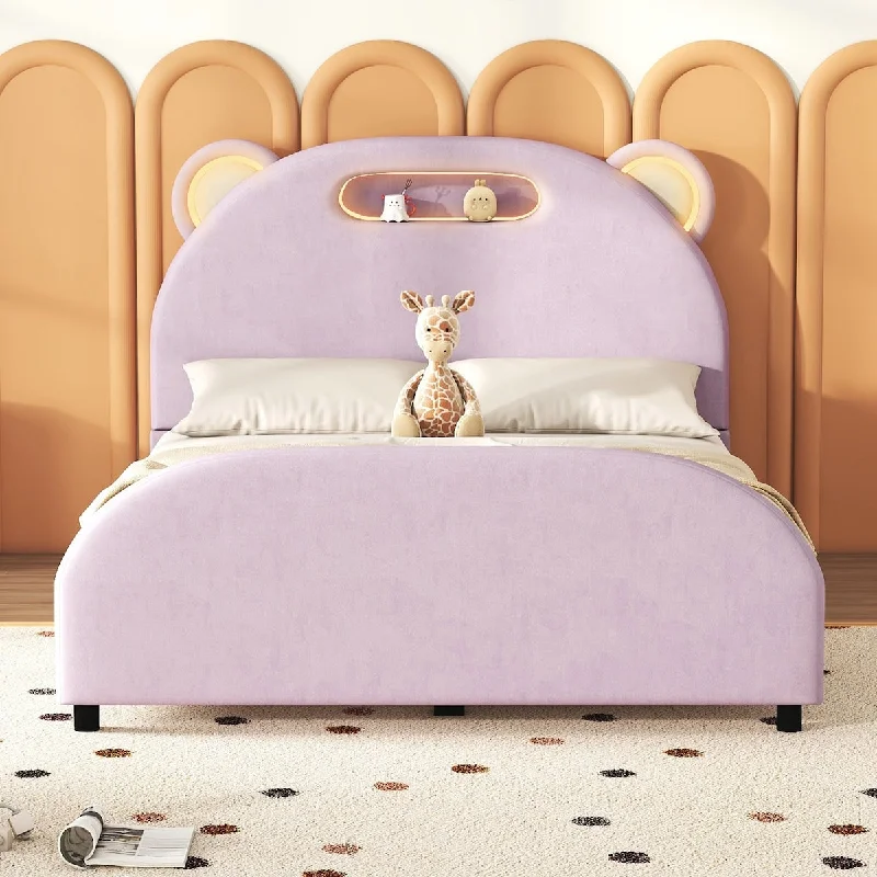 Full Size Upholstered Platform Bed with Bear-Shaped Headboard and Embedded Light Stripe Velvet, Beige