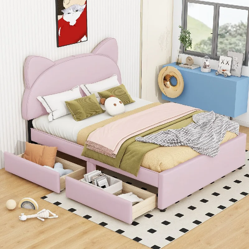 Full Size Upholstered Platform Bed with Cartoon Ears Shaped Headboard and 2 Drawers,Pink