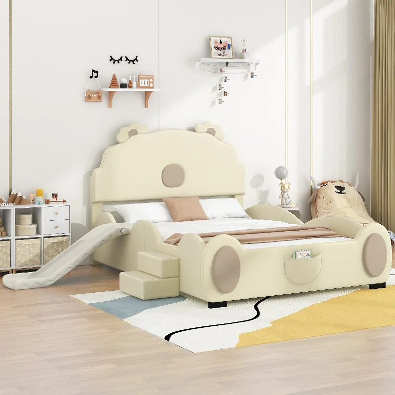 Full Size Upholstered Platform Bed with Piglet Shape Headboard, Kids LED Light Bedframe with Children's Slide & Small Ladder