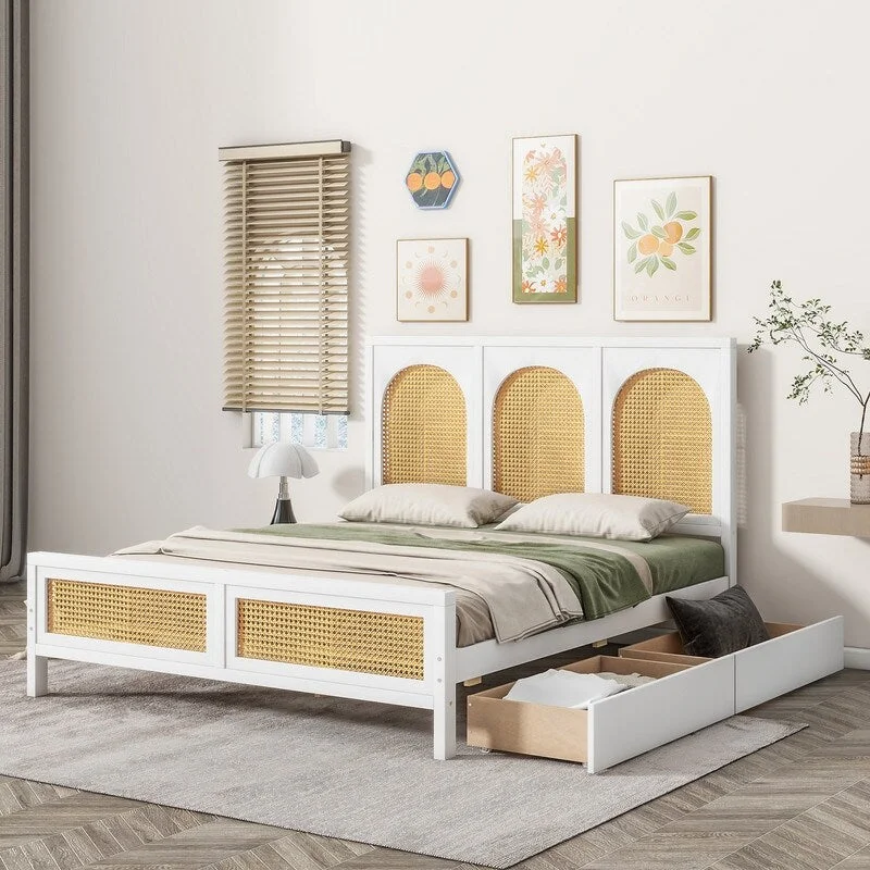 Full Size Wood Storage Platform Bed with 2 Drawers, Rattan Headboard and Footboard