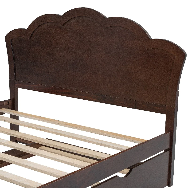 Full Size Wooden Bed with Elegant Curves Headboard, Platform Bed with Twin Size Trundle, Cappuccino