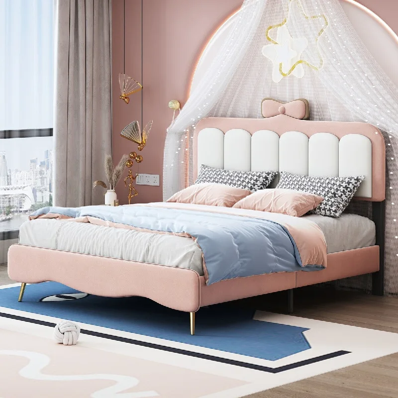 Full Velvet Princess Platform Bed With Bow-knot Headboard, White and Pink