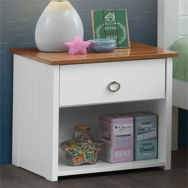 Functional Wood Nightstand with 1 Drawer&Open Compartment,White & Oak