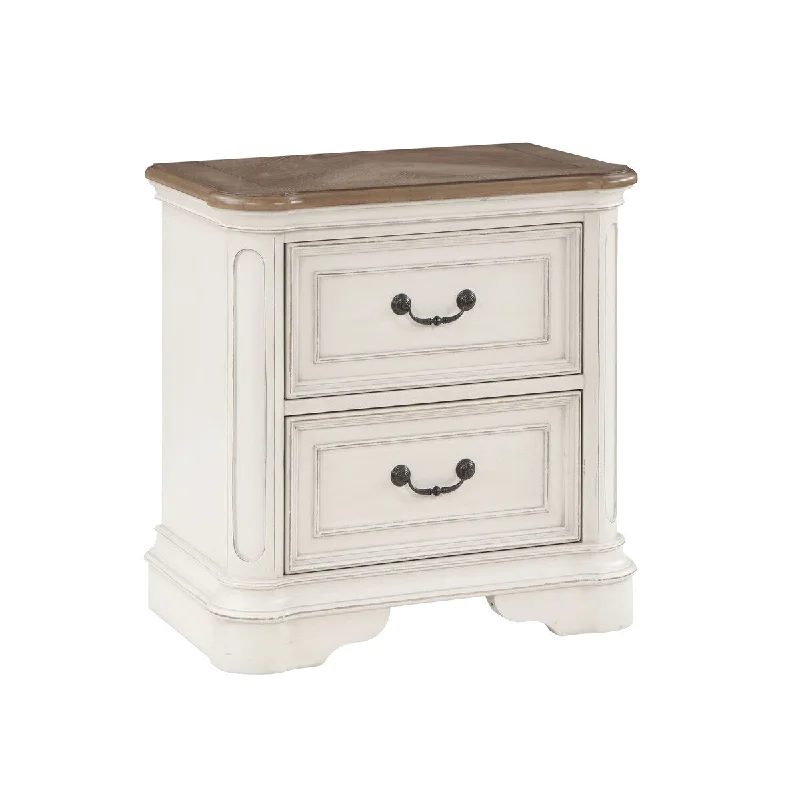 Gray Fabric & Antique White Finish Transitional Nightstand with Upholstered Headboard - Panel Footboard - and Wooden Legs