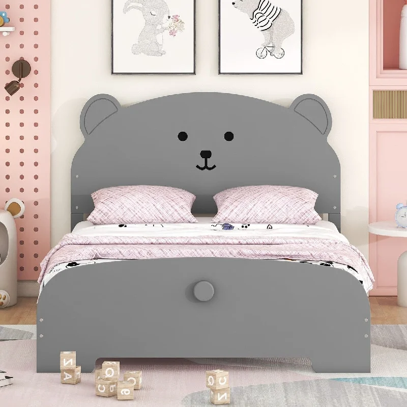 Gray Full Size Bear-shaped Platform Bed with Bear-shaped Headboard and Footboard, Strong Pine Wood Frame, Easy Assembly