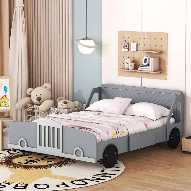 Gray Full Size Unique Car Platform Bed with headboard and Safety Rails, Wheel Legs, High-Quality Construction