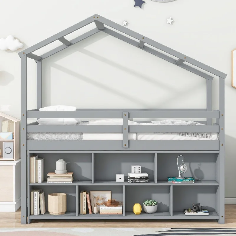 Gray Twin House Loft Bed wRoof, Under Bed Shelving Storage Unit, Platform Bed with Guardrails & Ladder, No Box Spring Needed