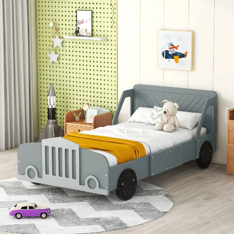 Gray Twin Size Unique Car Platform Bed with headboard and Safety Rails, Wheel Legs, High-Quality Construction