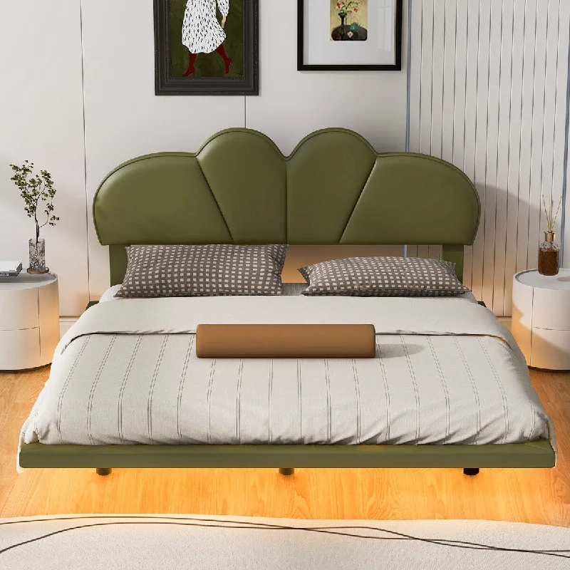 Green Full Size/ Upholstery LED Floating Bed with PU Leather Headboard and Support Legs, /Green