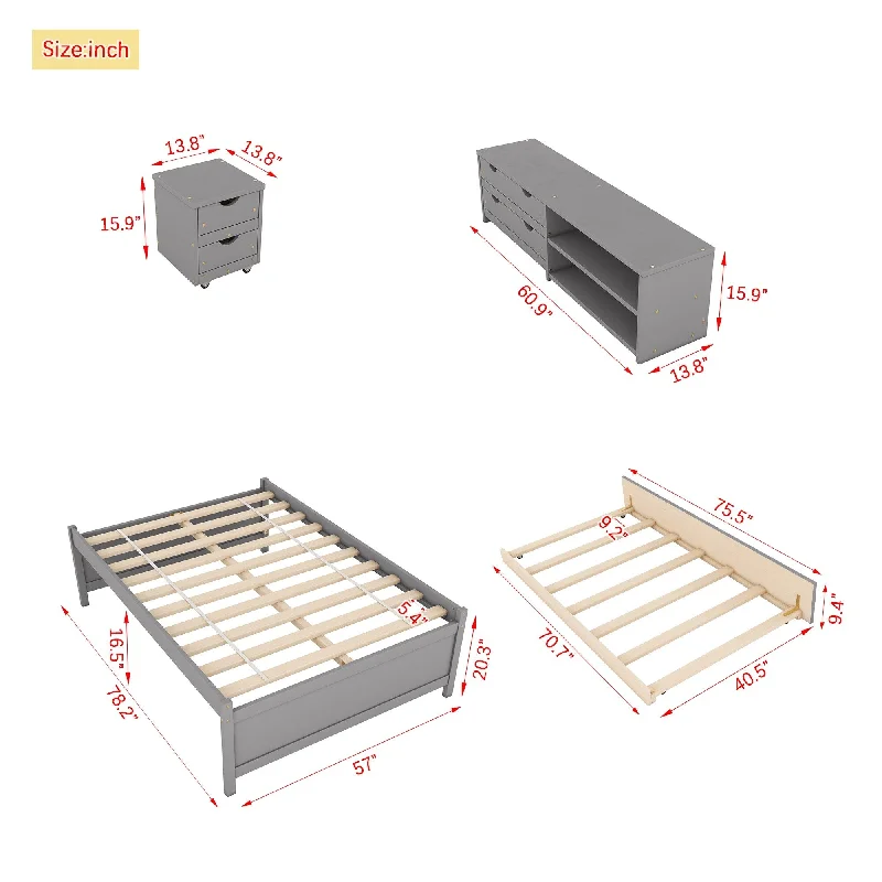 Grey Full Size Platform Bed with Trundle, Storage Box, and Nightstand