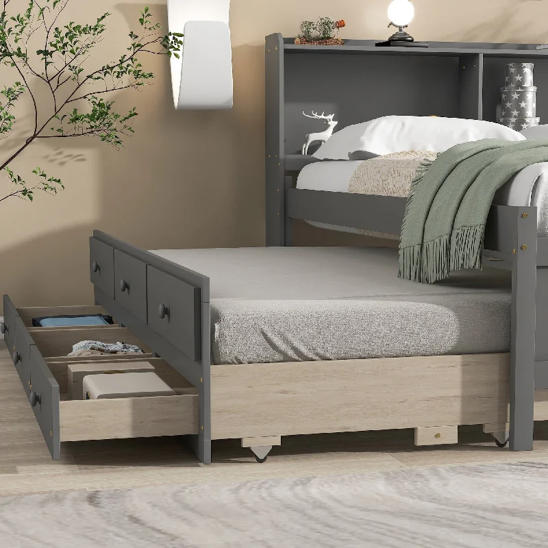 Grey Full SizeEspresso Bed with Built-in Bookcase, Trundle, and Storage Drawers