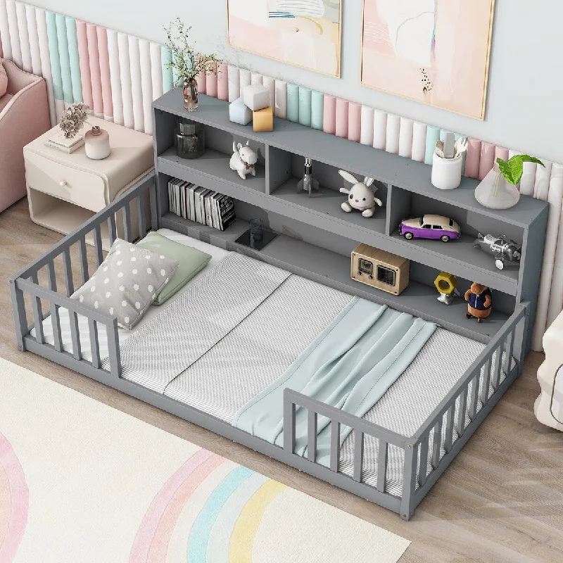 Grey Toddler Floor Storage Bed, Montessori Platform Bed, Playhouse Bed