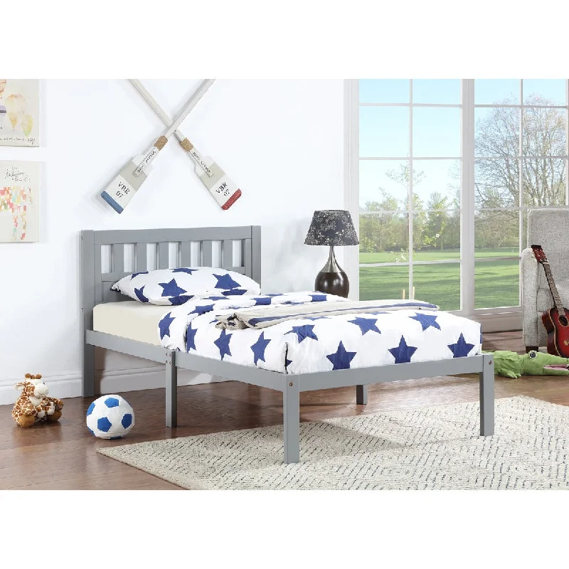 Grey Twin Size Bed Frame with Headboard - Solid Pine Wood, Dark Walnut/ Finish