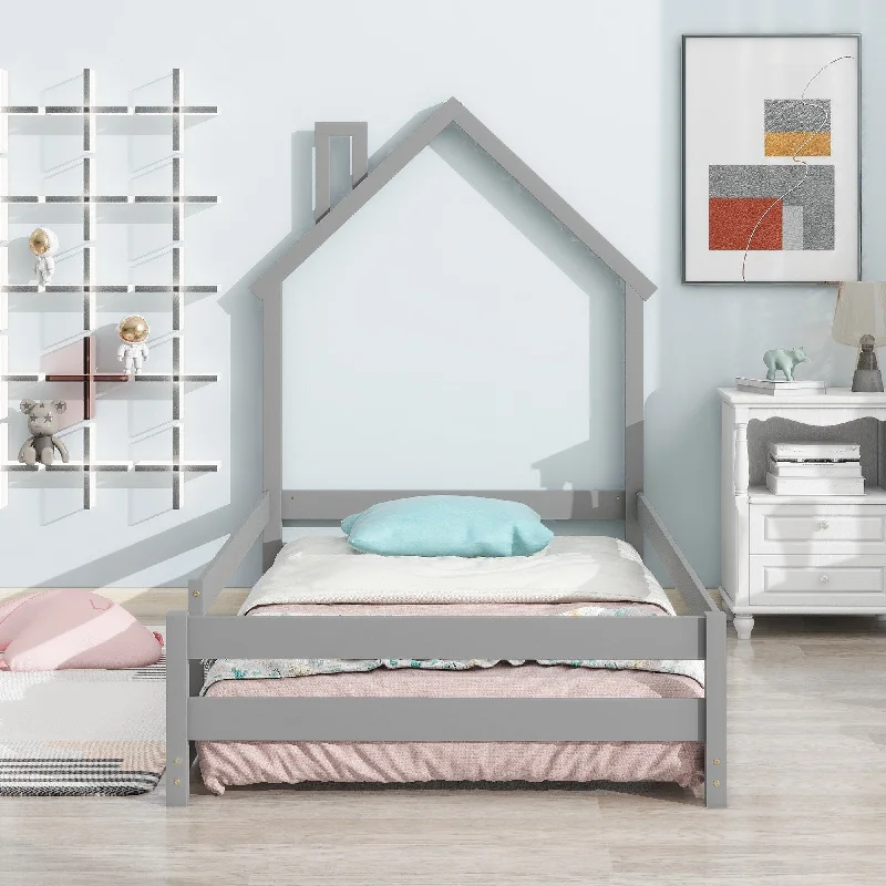 Grey Twin Size Kids Floor Bed - House-Shaped Headboard, Guardrails, Multiple Colors