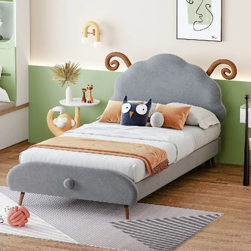 Grey Twin Size Upholstered Bed with Whimsical Animal Headboard for Playful Bedroom Decor