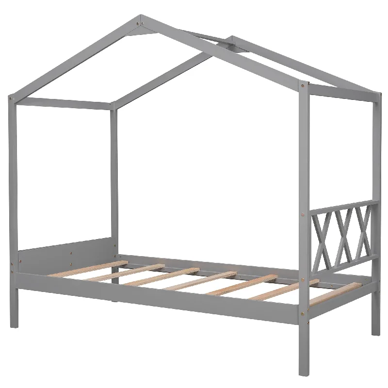 Grey Twin Size Wood House Bed with Storage