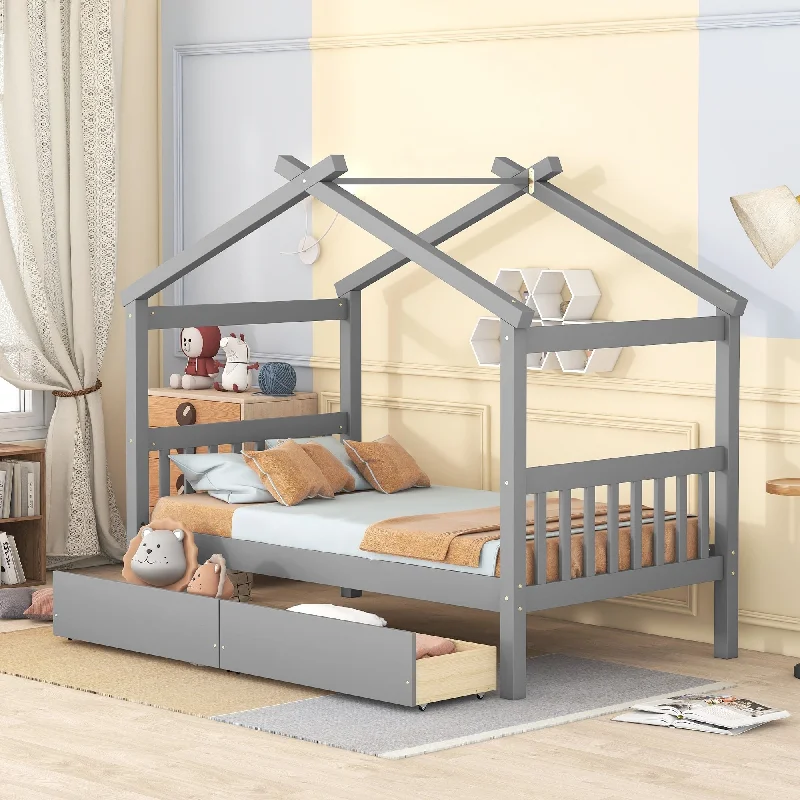 Grey Twin Size Wooden House Bed, Day Bed with Integrated Drawers for Storage