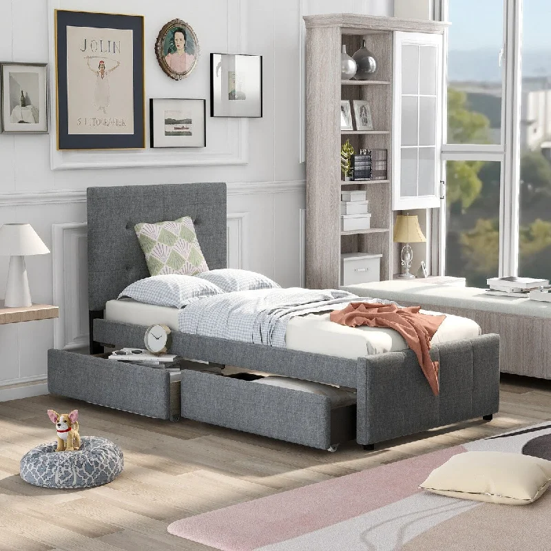 Grey Twin SizeLinen Upholstered Platform Bed with Headboard and Storage Drawers -