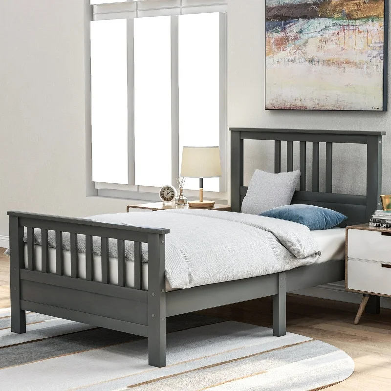 Grey Twin SizeWood Platform Bed with Headboard and Footboard, - Sturdy Pine Wood Construction