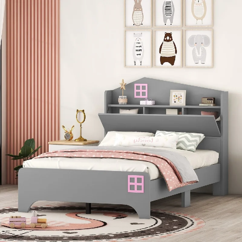 Grey Wooden Twin Size House Bed with Storage Headboard and Shelf