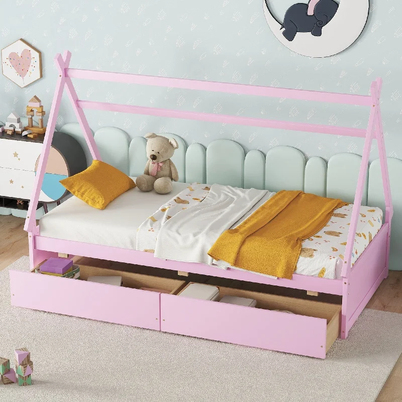 House Kids Bed Twin Size Platform Bed Wood Daybed Bed Frame with 2 Storage Drawers, Twin Size Bed Frame for Kids, Teens