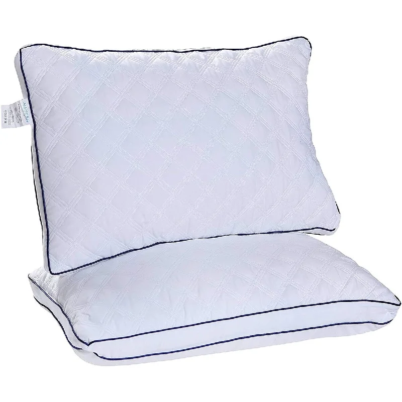 Hypoallergenic Gusseted/ Bed/ Down/ White Pillows Set of 2 - For Extra Comfort - Navy Blue Grey Piping