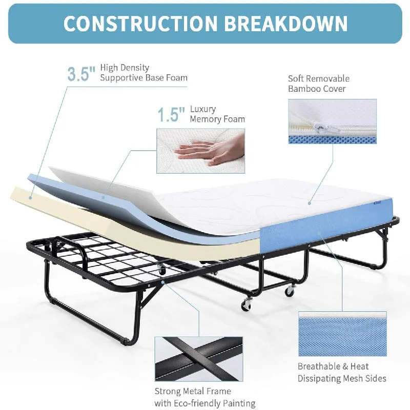 Inofia Foldable Folding Bed, 5 Inch Memory Foam Mattress and Portable Metal Frame on Wheels - 75 Inches x 31 Inches