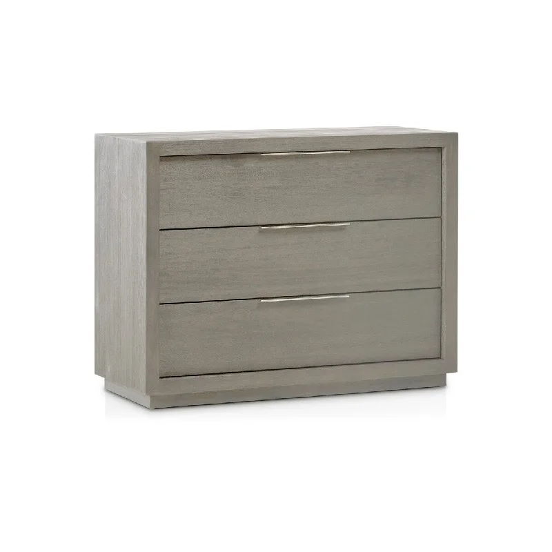 Jose 42 Inch Nightstand, 3 Drawers, Metal Handles, Mitered Top, Gray Wood