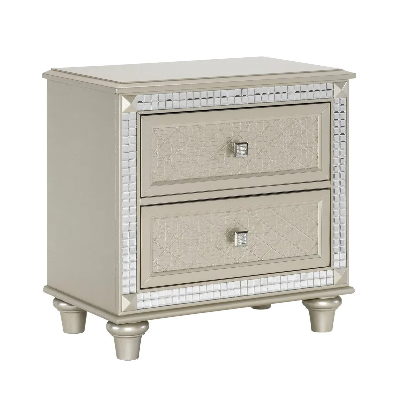 Juhi 29 Inch Nightstand, 2 Drawers, Acrylic Crystal Accents, Silver Trim