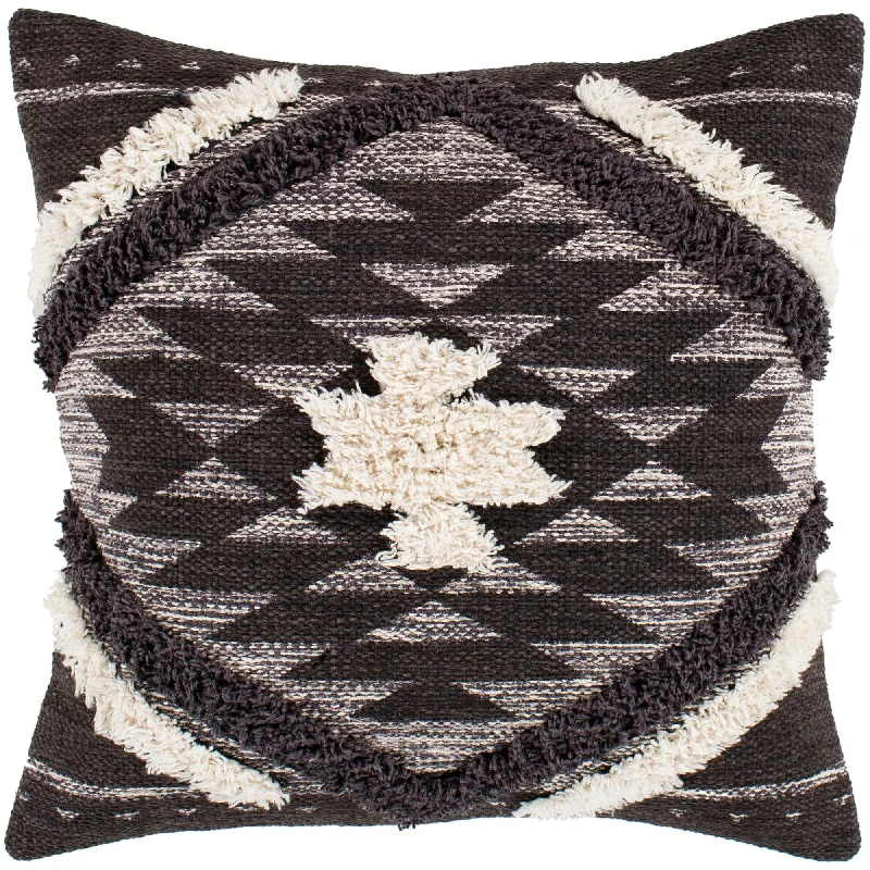 Katherine Black & Cream Boho Shag Throw Pillow Cover (18" x 18")