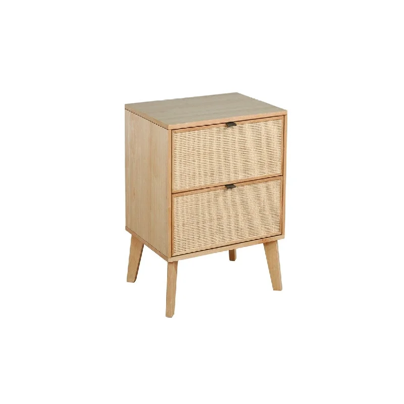 Ken 27 Inch Pinewood Nightstand, 2 Cane Rattan Front Drawers, Natural Brown