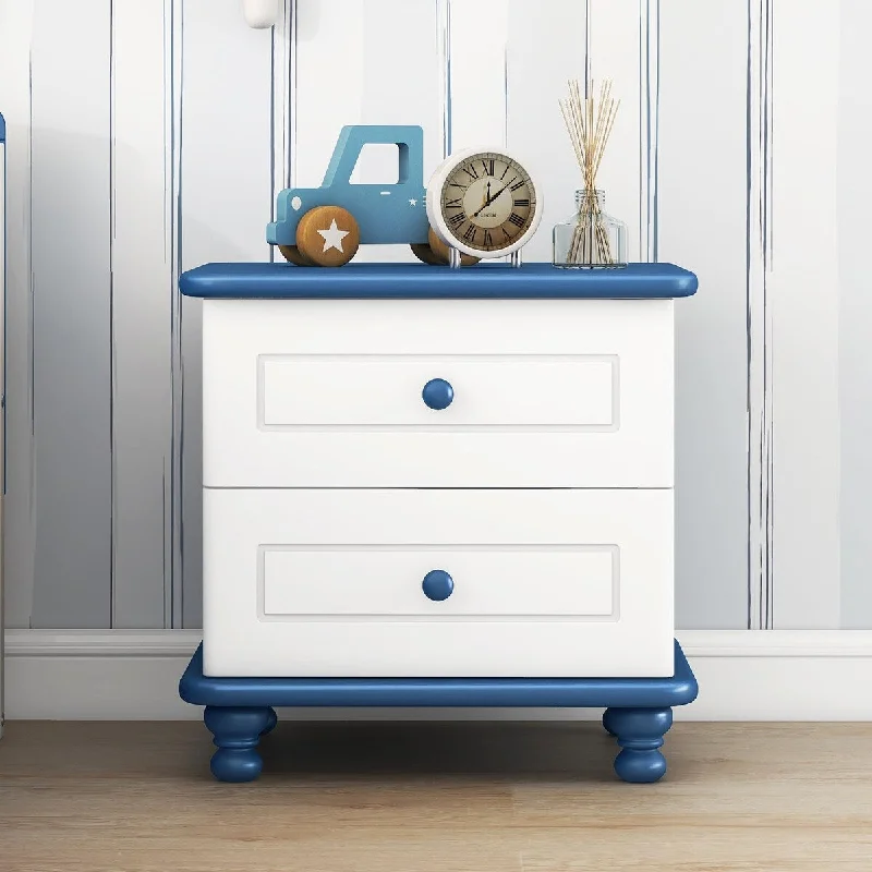 Kid-Friendly Wooden Nightstand with Two Drawers and White and Blue Finish