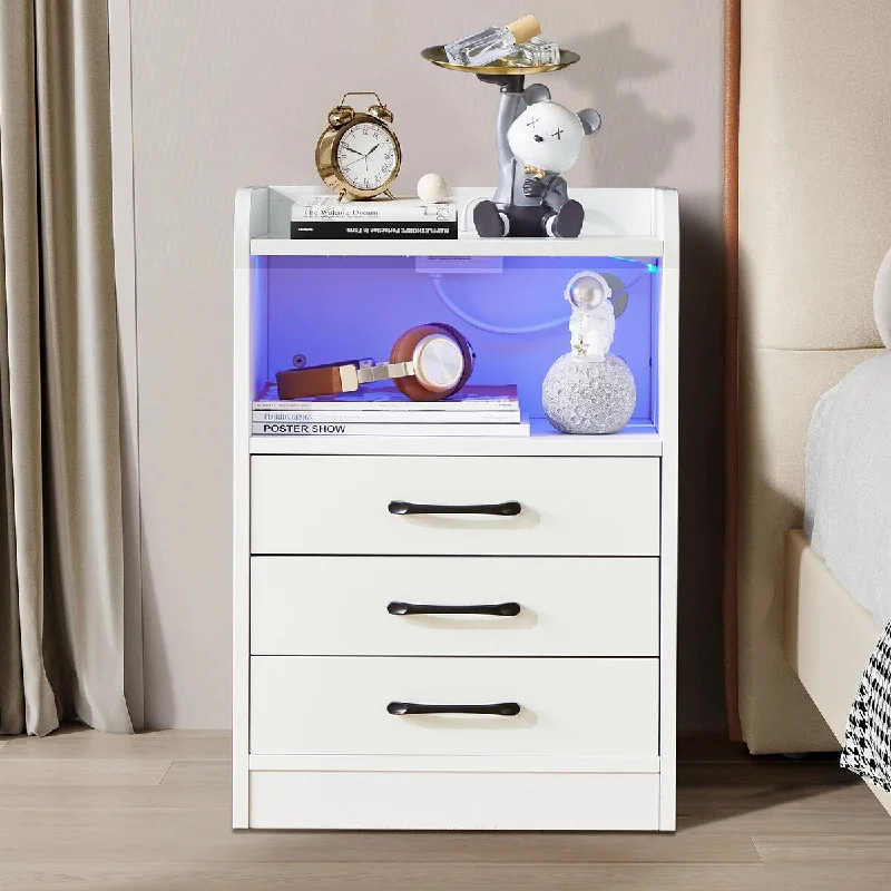 LED Nightstand with 3 Drawers, Bedside Night Stand End Table with Charging Station, USB Ports