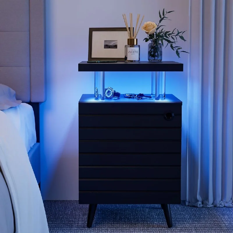 LED Nightstand with 4 Acrylic Columns and Drawers for Bedroom