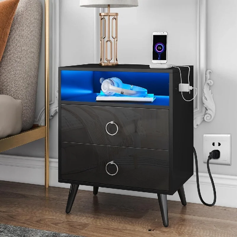 LED Nightstand with Charging Station 2 USB+2 US Plug 17.71"D x 21.65"W x 27.16"H